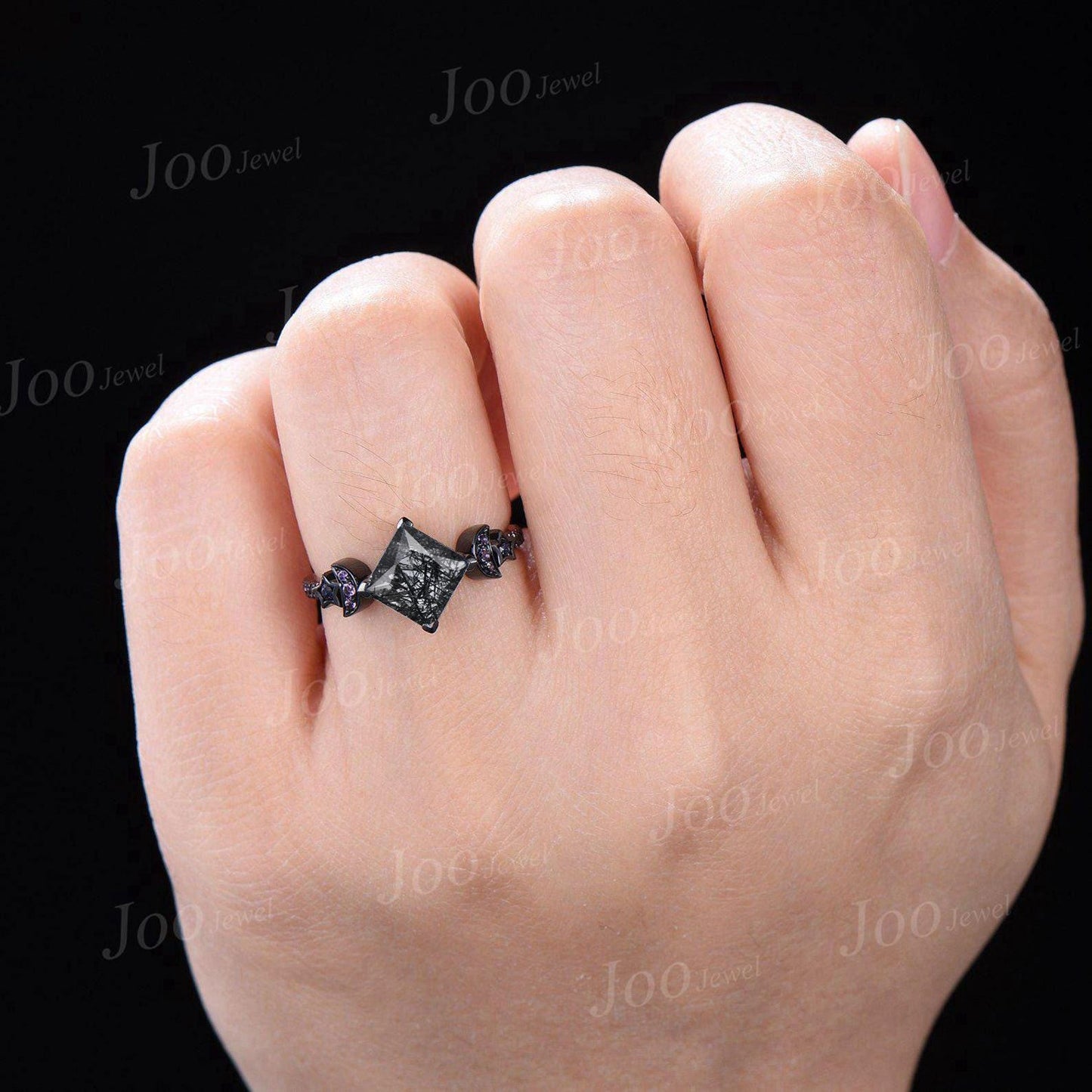 2ct Princess Cut Natural Black Rutilated Quartz Amethyst Moon Star Blue Sandstone Wedding Ring Gothic Dark Retro Black Gold Ring for Women