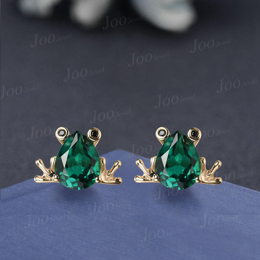 1.25ct Pear Cut Green Emerald Frog Earrings ¨C Sterling Silver Hypoallergenic Frog Stud Earrings for Women ¨C Nature Inspired Jewelry Gift