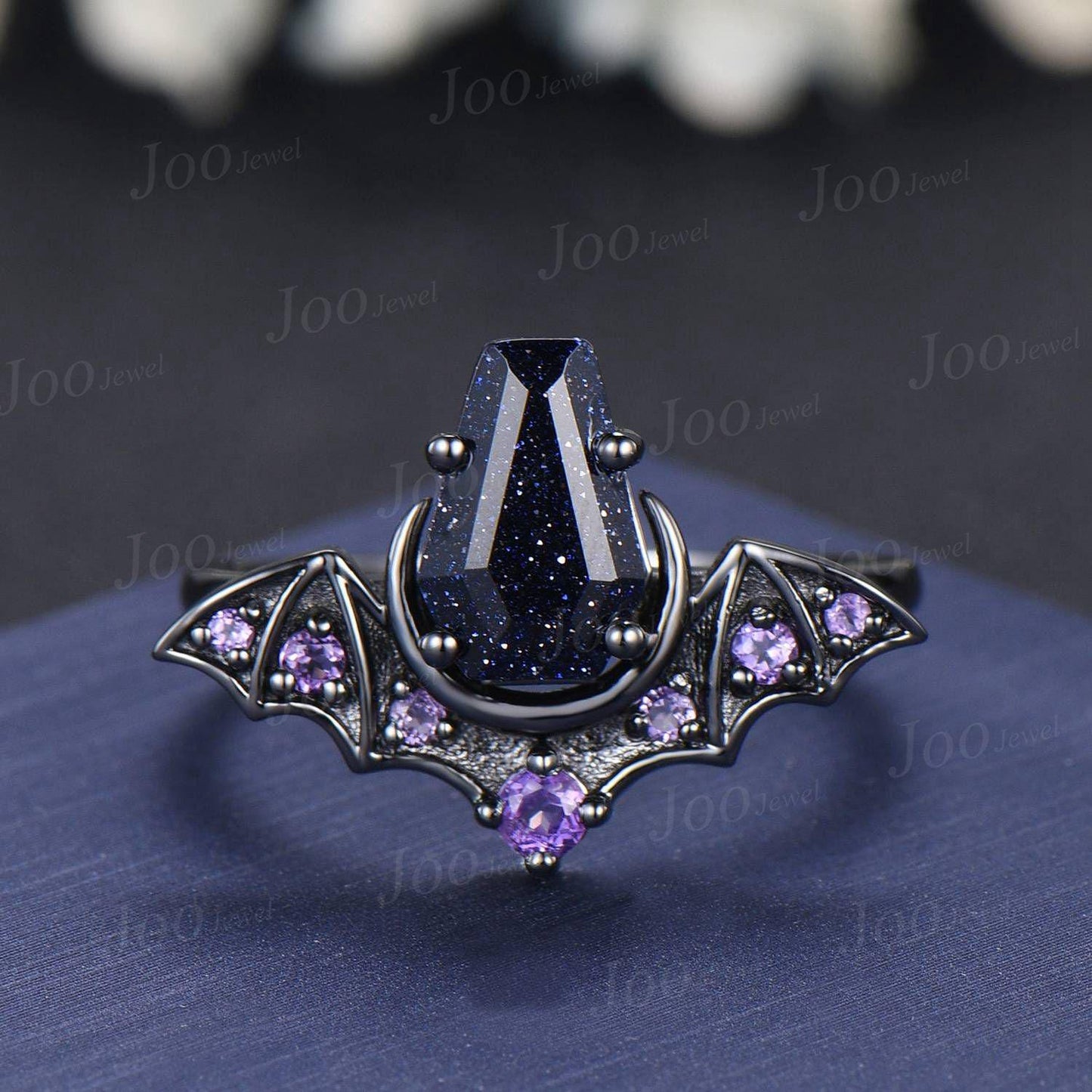 Coffin Cut Galaxy Starry Night Blue Sandstone Amethyst Bridal Ring Unique Blue Goldstone Black Gold Retro Bat Wing Wedding Ring for Women