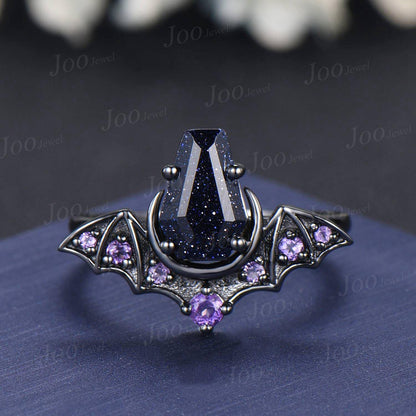 Coffin Cut Galaxy Starry Night Blue Sandstone Amethyst Bridal Ring Unique Blue Goldstone Black Gold Retro Bat Wing Wedding Ring for Women
