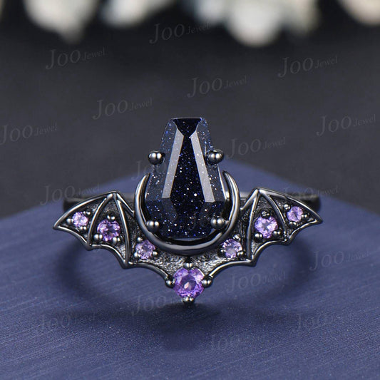 Coffin Cut Galaxy Starry Night Blue Sandstone Amethyst Bridal Ring Unique Blue Goldstone Black Gold Retro Bat Wing Wedding Ring for Women