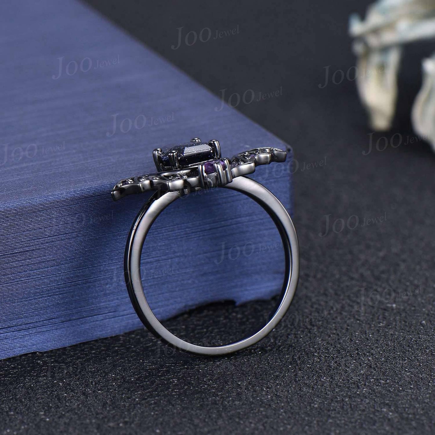 Coffin Cut Galaxy Starry Night Blue Sandstone Amethyst Bridal Ring Unique Blue Goldstone Black Gold Retro Bat Wing Wedding Ring for Women