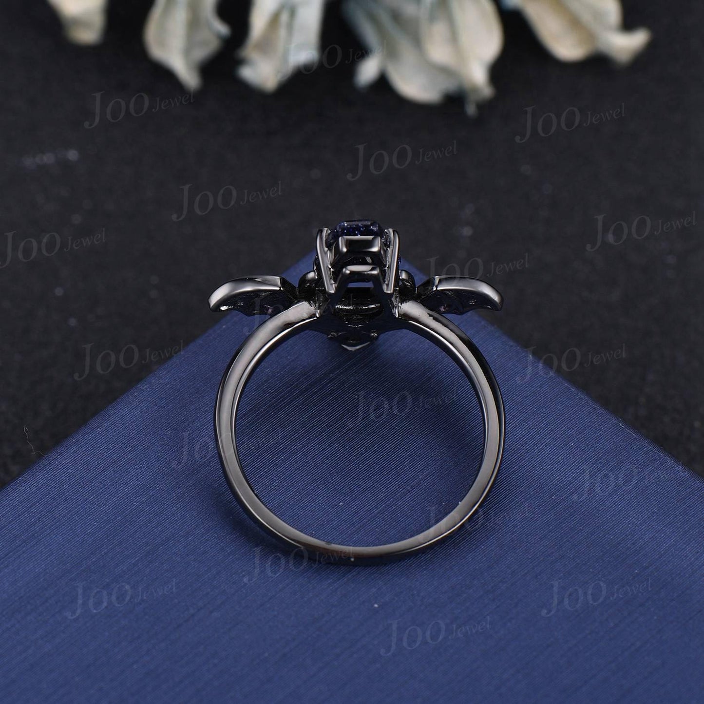 Coffin Cut Galaxy Starry Night Blue Sandstone Amethyst Bridal Ring Unique Blue Goldstone Black Gold Retro Bat Wing Wedding Ring for Women