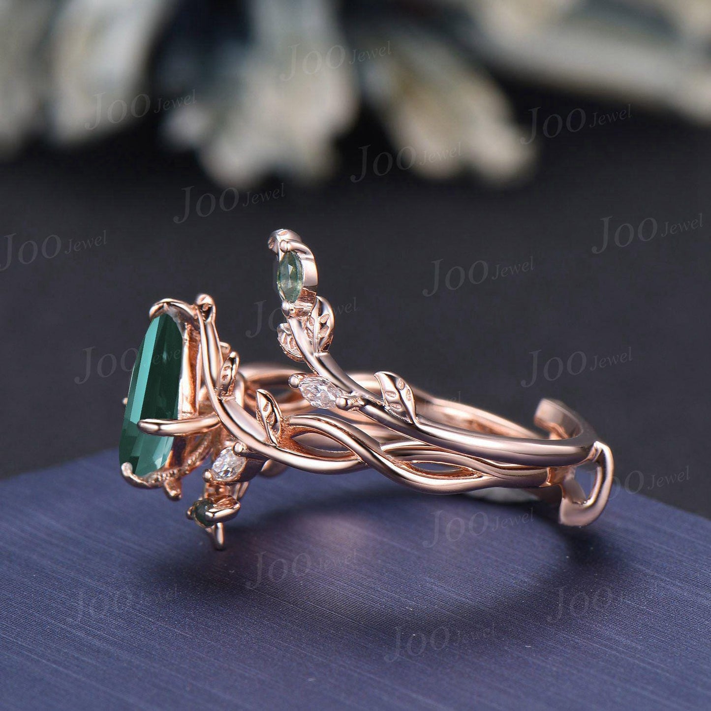 Nature Inspired Kite Cut Green Emerald Twisted Infinity Wedding Ring Enhancer Moss Agate Bypass Wedding Band Unique Non-Traditional Jewelry