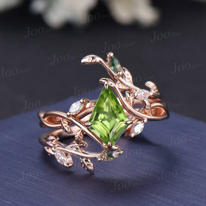 Kite Cut Natural Green Peridot Infinity Engagement Ring Sterling Silver Leaf Moss Agate Wedding Band Enhancer Twisted Wrap Bridal Ring Women