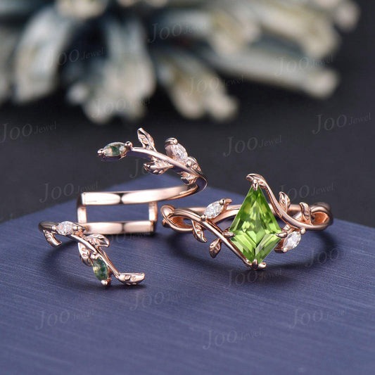 Kite Cut Natural Green Peridot Infinity Engagement Ring Sterling Silver Leaf Moss Agate Wedding Band Enhancer Twisted Wrap Bridal Ring Women