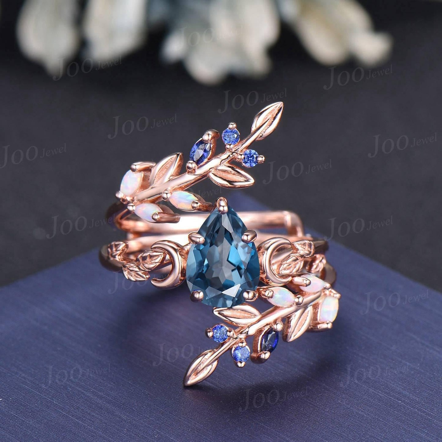 Pear Cut Natural London Blue Topaz Leaf Moon Enhancer Bridal Engagement Ring Sterling Silver Nature Inspired Blue Sapphire Opal Band Women