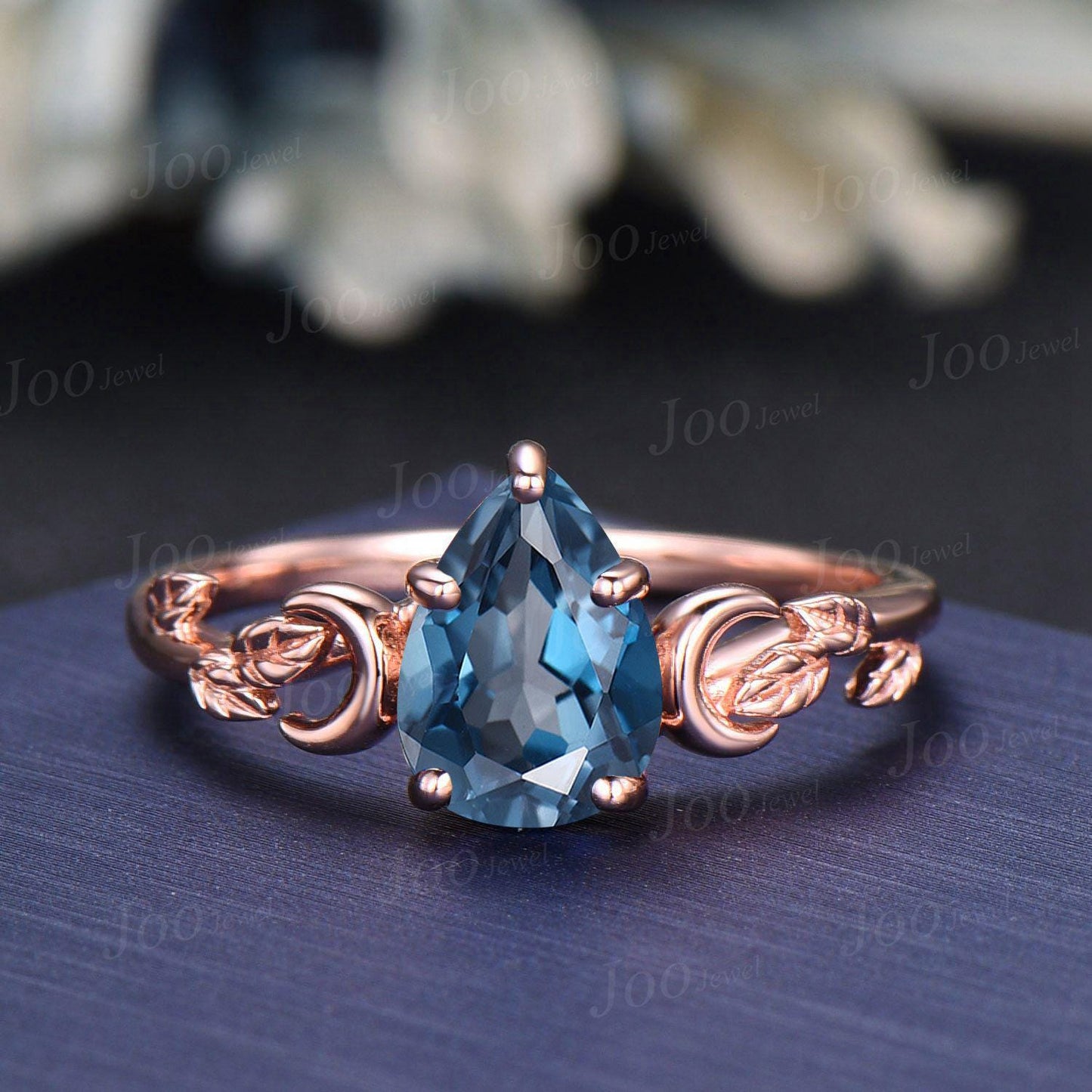 Pear Cut Natural London Blue Topaz Leaf Moon Enhancer Bridal Engagement Ring Sterling Silver Nature Inspired Blue Sapphire Opal Band Women