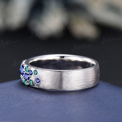 Round Green Emerald& Blue Sapphire Brushed Finish Band Promise Ring for Men Women in 10k/14k/18k White Gold Art Deco Cluster Wedding Band