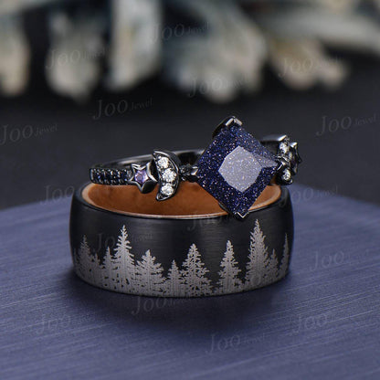 2ct Princess Cut Blue Sandstone Moon Star Couple Ring, His & Her Matching Wedding Ring Tungsten Carbide Men's Black Forest Tree Couple Band