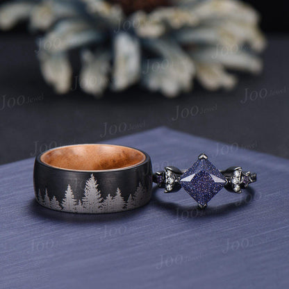 2ct Princess Cut Blue Sandstone Moon Star Couple Ring, His & Her Matching Wedding Ring Tungsten Carbide Men's Black Forest Tree Couple Band