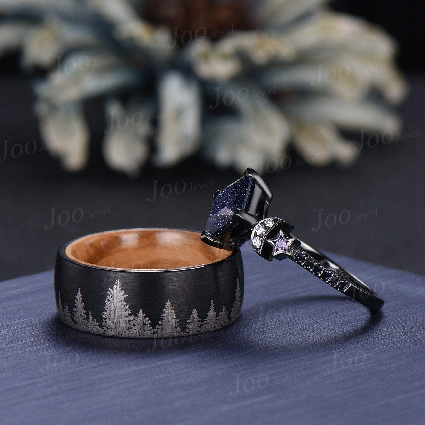 2ct Princess Cut Blue Sandstone Moon Star Couple Ring, His & Her Matching Wedding Ring Tungsten Carbide Men's Black Forest Tree Couple Band