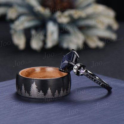 2ct Princess Cut Blue Sandstone Moon Star Couple Ring, His & Her Matching Wedding Ring Tungsten Carbide Men's Black Forest Tree Couple Band