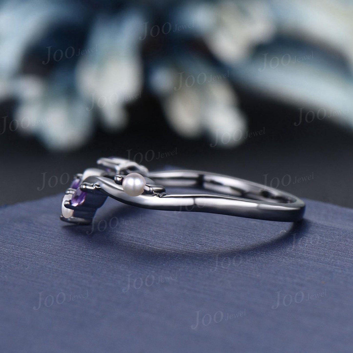 Pearl Amethyst Wedding Band Contour Curved Band All-match Black Nesting Band Unique Vintage Stacking Matching Bridal Gift for Women