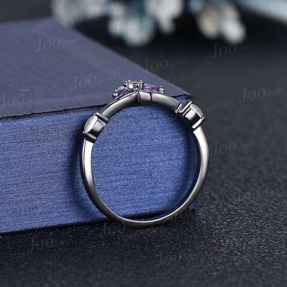 Pearl Amethyst Wedding Band Contour Curved Band All-match Black Nesting Band Unique Vintage Stacking Matching Bridal Gift for Women