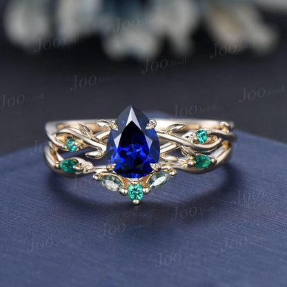 1.25ct Pear Blue Sapphire Twig Vine Engagement Ring Vintage Nature Inspired Blue Sapphire Emerald Promise Ring Unique Noble Gift for Women