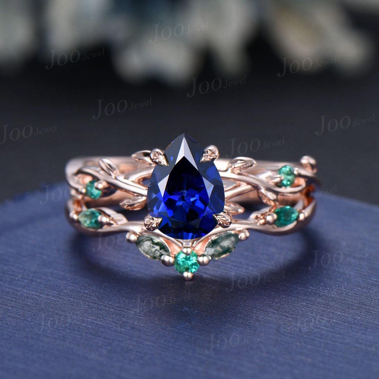 1.25ct Pear Blue Sapphire Twig Vine Engagement Ring Vintage Nature Inspired Blue Sapphire Emerald Promise Ring Unique Noble Gift for Women