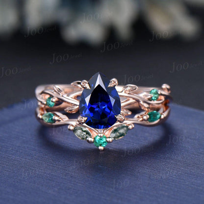1.25ct Pear Blue Sapphire Twig Vine Engagement Ring Vintage Nature Inspired Blue Sapphire Emerald Promise Ring Unique Noble Gift for Women