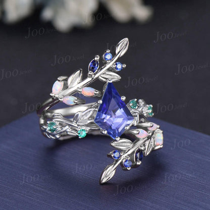 2ct Kite Cut Natural Tanzanite Cluster Bridal Ring Blue Sapphire Opal Enhancer Wrap Wedding Band Olive Leaf Bypass Engagement Ring for Women