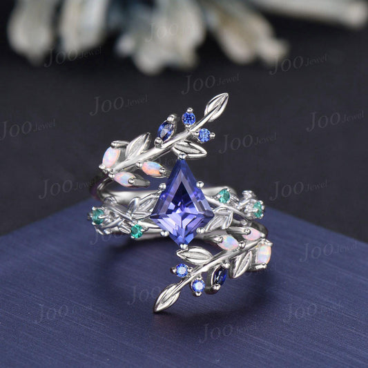2ct Kite Cut Natural Tanzanite Cluster Bridal Ring Blue Sapphire Opal Enhancer Wrap Wedding Band Olive Leaf Bypass Engagement Ring for Women