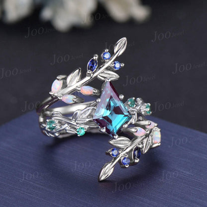 2ct Kite Cut Color-Change Alexandrite Emerald Enhancer Bridal Ring Guard Blue Sapphire Opal Olive Leaf Twig Wrap Bypass Wedding Band Women