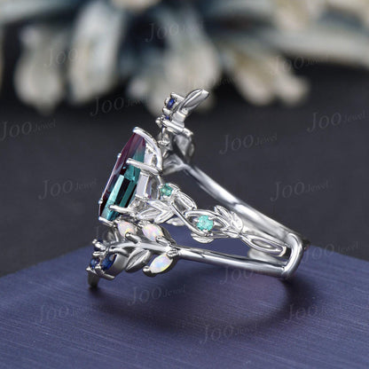 2ct Kite Cut Color-Change Alexandrite Emerald Enhancer Bridal Ring Guard Blue Sapphire Opal Olive Leaf Twig Wrap Bypass Wedding Band Women