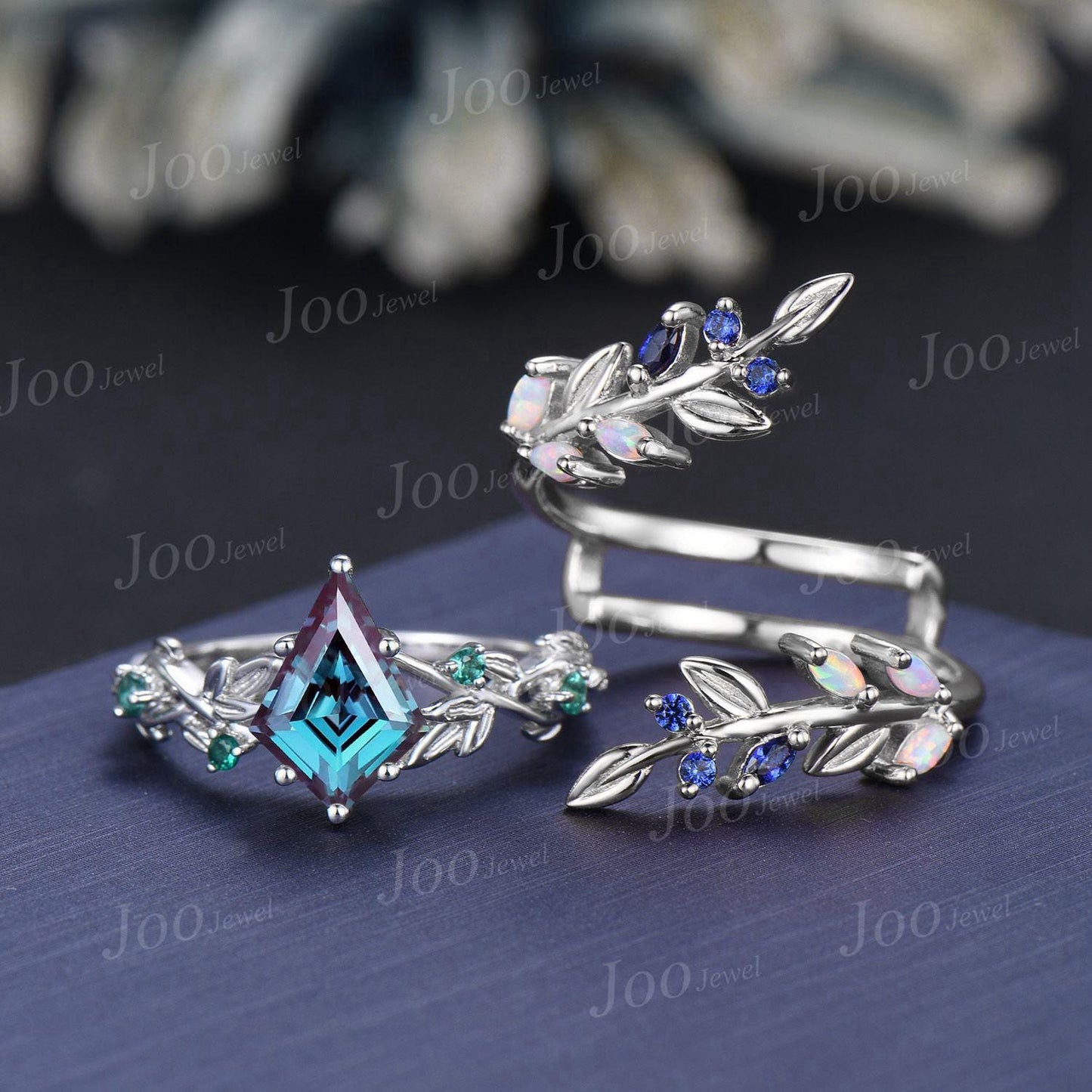 2ct Kite Cut Color-Change Alexandrite Emerald Enhancer Bridal Ring Guard Blue Sapphire Opal Olive Leaf Twig Wrap Bypass Wedding Band Women