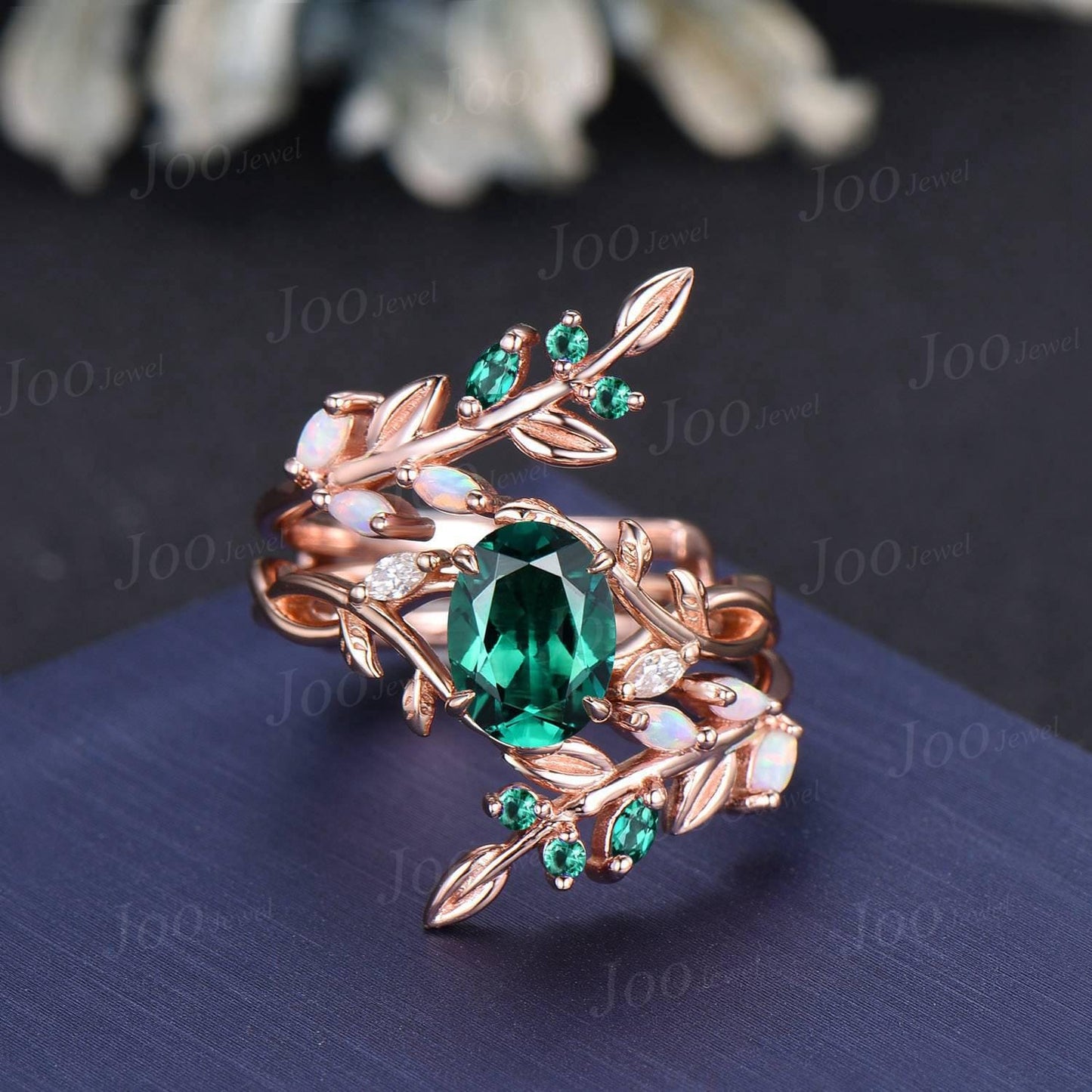 1.5ct Oval Cut Green Emerald Olive Leaf Bridal Ring Set Opal Emerald Enhancer Wedding Band May Birthstone Jewelry Gifts Unique Proposal Ring
