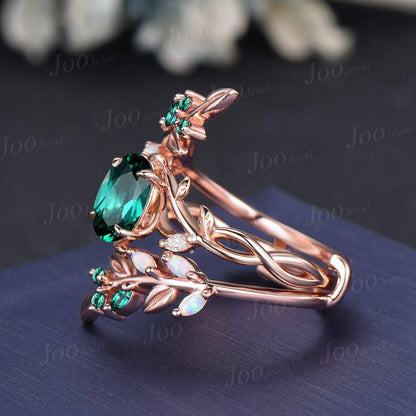1.5ct Oval Cut Green Emerald Olive Leaf Bridal Ring Set Opal Emerald Enhancer Wedding Band May Birthstone Jewelry Gifts Unique Proposal Ring