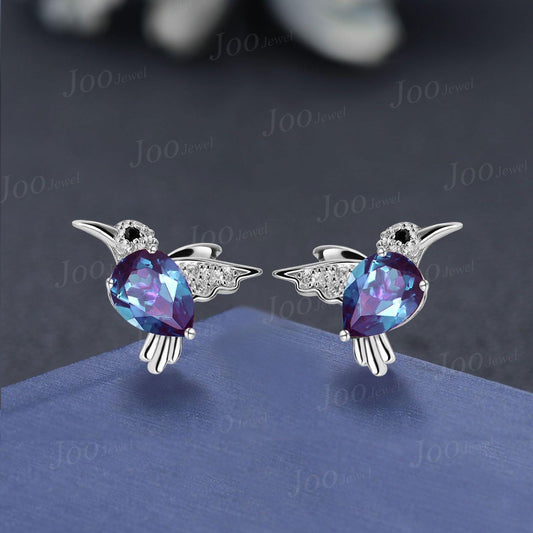 1.25ct Pear/Teardrop Cut Color-Change Alexandrite HummingBird Stud Earrings | Sterling Silver Hypoallergenic Alexandrite Earrings For Women
