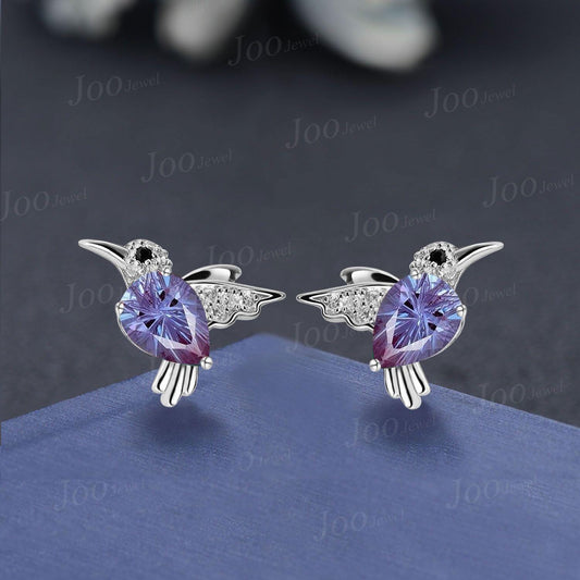 Bird Earrings with 1.25ct Pear Starbrite Alexandrite | Fireworks Cut Color-Change Alexandrite Studs | Unique Birthday Gifts Jewelry for Her