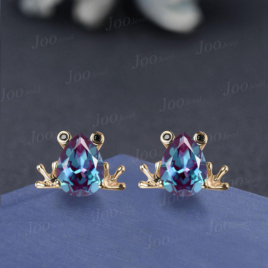 14K Solid Gold Cute Frog Stud Earrings-1.25ct Color-Change Alexandrite Earrings-Pear Alexandrite Studs-Unique Birthday Gift for Women