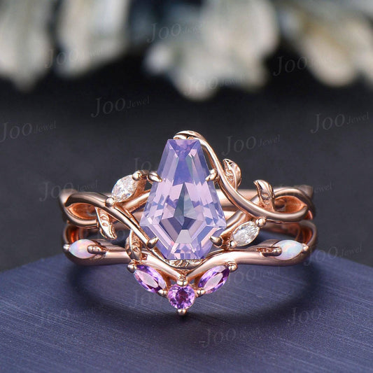 Coffin Cut Natural Lavender Amethyst Opal Bridal Ring Set Infinity Leaf Vine Engagement Ring Sterling Silver