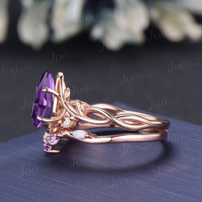Coffin Cut Natural Lavender Amethyst Opal Bridal Ring Set Infinity Leaf Vine Engagement Ring Sterling Silver