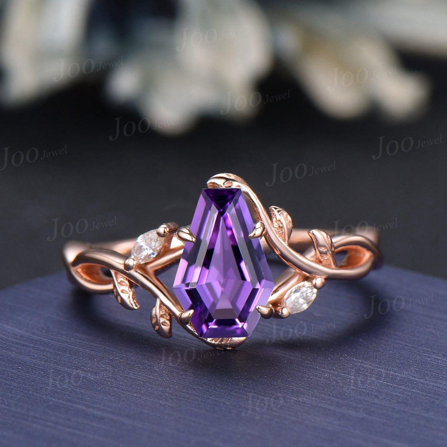 Nature Inspired Coffin Cut Natural Genuine Amethyst Bridal Ring Set Infinity Leaf Engagement Ring