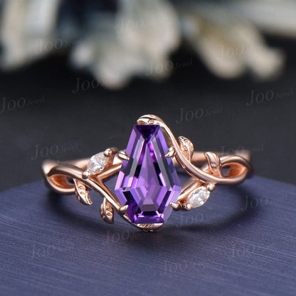 Nature Inspired Coffin Cut Natural Genuine Amethyst Bridal Ring Set Infinity Leaf Engagement Ring