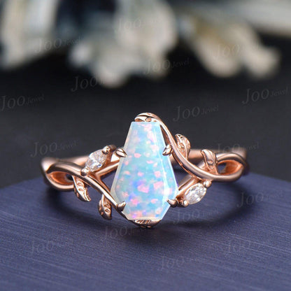 Non-Traditional Coffin Cut White Opal Bridal Ring Set Infinity Leaf Vine Engagement Ring for Women