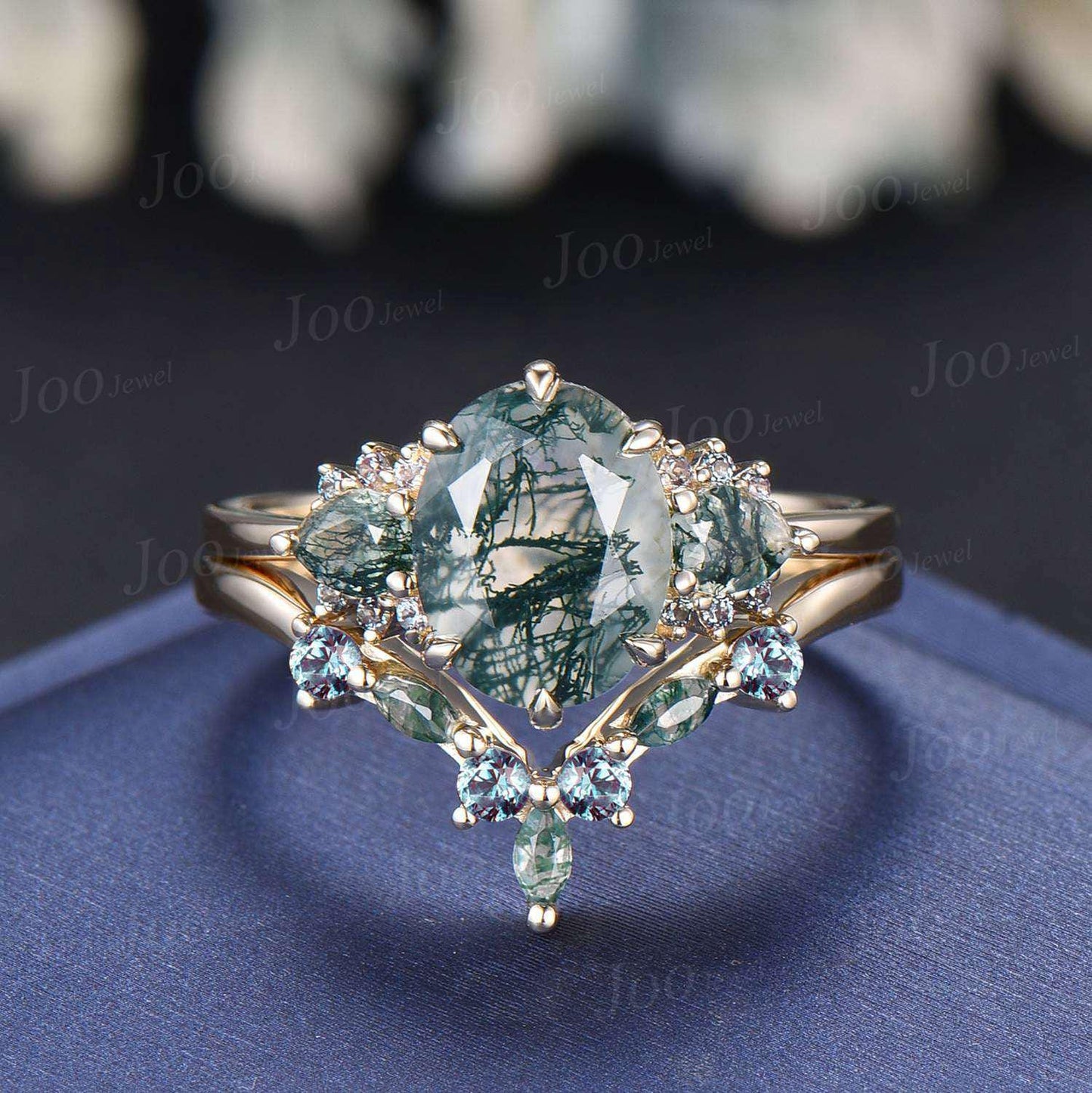 Sterling Silver Oval Cut Natural Moss Agate Alexandrite Bridal Set for Women
