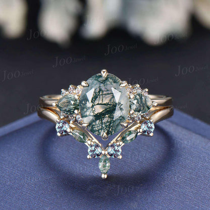 Sterling Silver Oval Cut Natural Moss Agate Alexandrite Bridal Set for Women