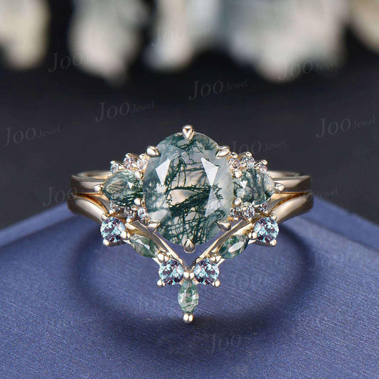 Sterling Silver Oval Cut Natural Moss Agate Alexandrite Bridal Set for Women