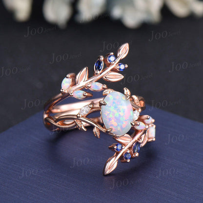1.5ct Oval Cut White Opal Infinity Engagement Ring Guard Sterling Silver Blue Sapphire Opal Enhancer Bypass Olive Leaf Wedding Band Women