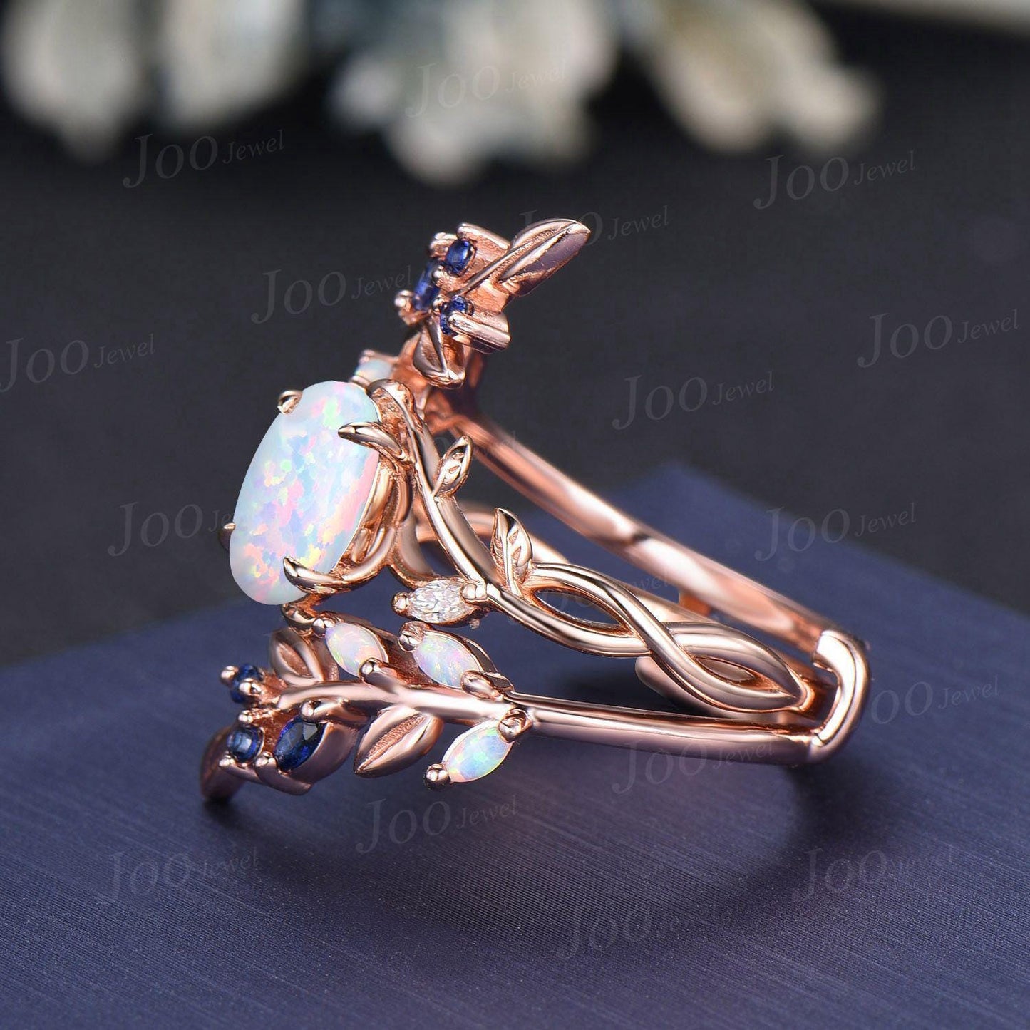 1.5ct Oval Cut White Opal Infinity Engagement Ring Guard Sterling Silver Blue Sapphire Opal Enhancer Bypass Olive Leaf Wedding Band Women
