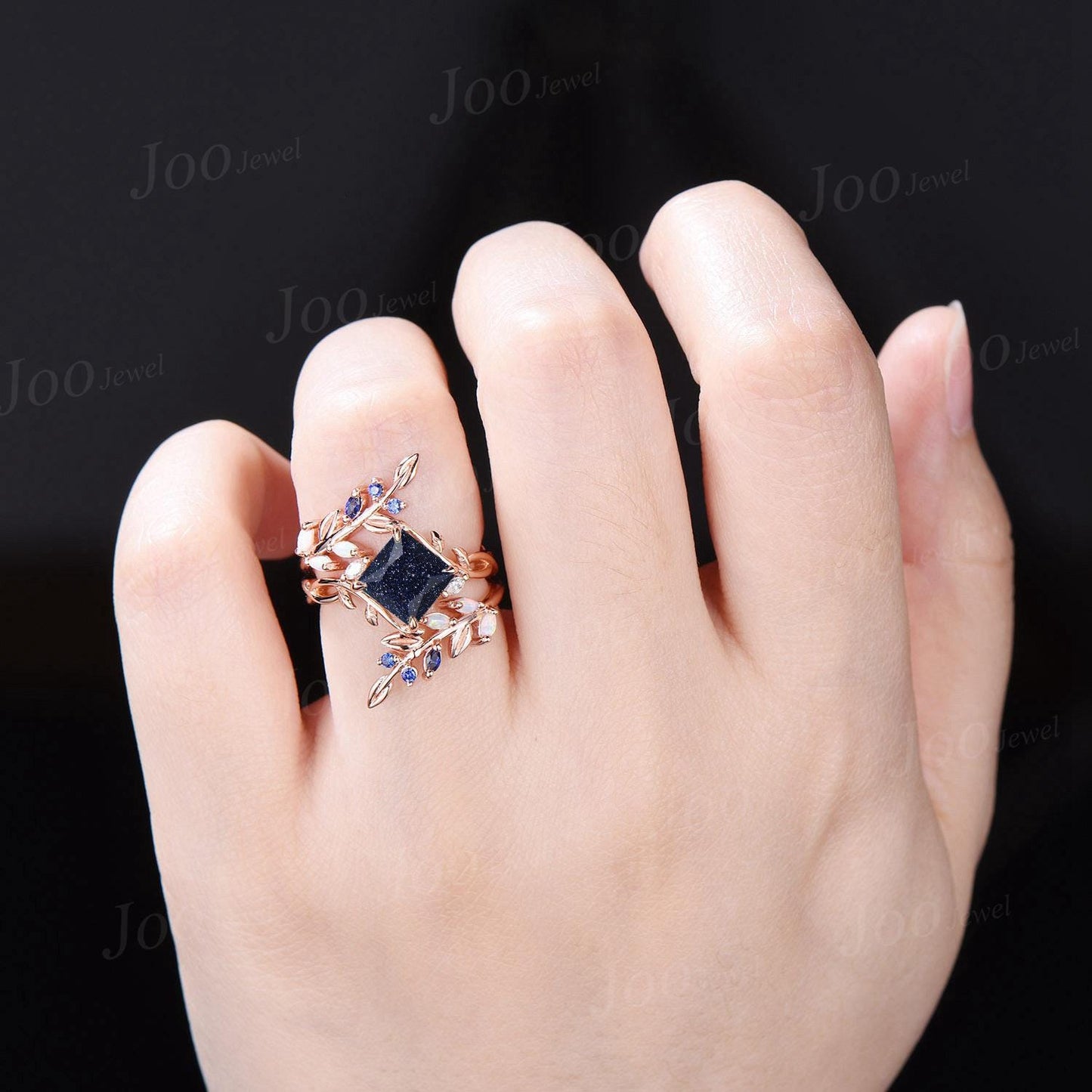 Infinity Design Princess Cut Galaxy Blue Sandstone Sapphire Wedding Ring Set Olive Leaf Wrap Opal Enhancer Band for Women