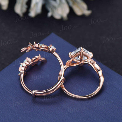 Princess Cut Moissanite Diamond Infinity Leaf Wedding Ring Set Vintage Rose Gold Opal Blue Sapphire Olive Leaf Wrap Enhancer Band for Women