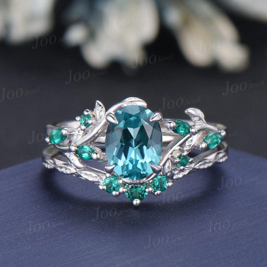 1.5ct Oval Cut Leaf Vine Blue Paraiba Tourmaline Cluster Wedding Ring Sterling Silver Green Emerald Nature Inspired Paraiba Ring for Women