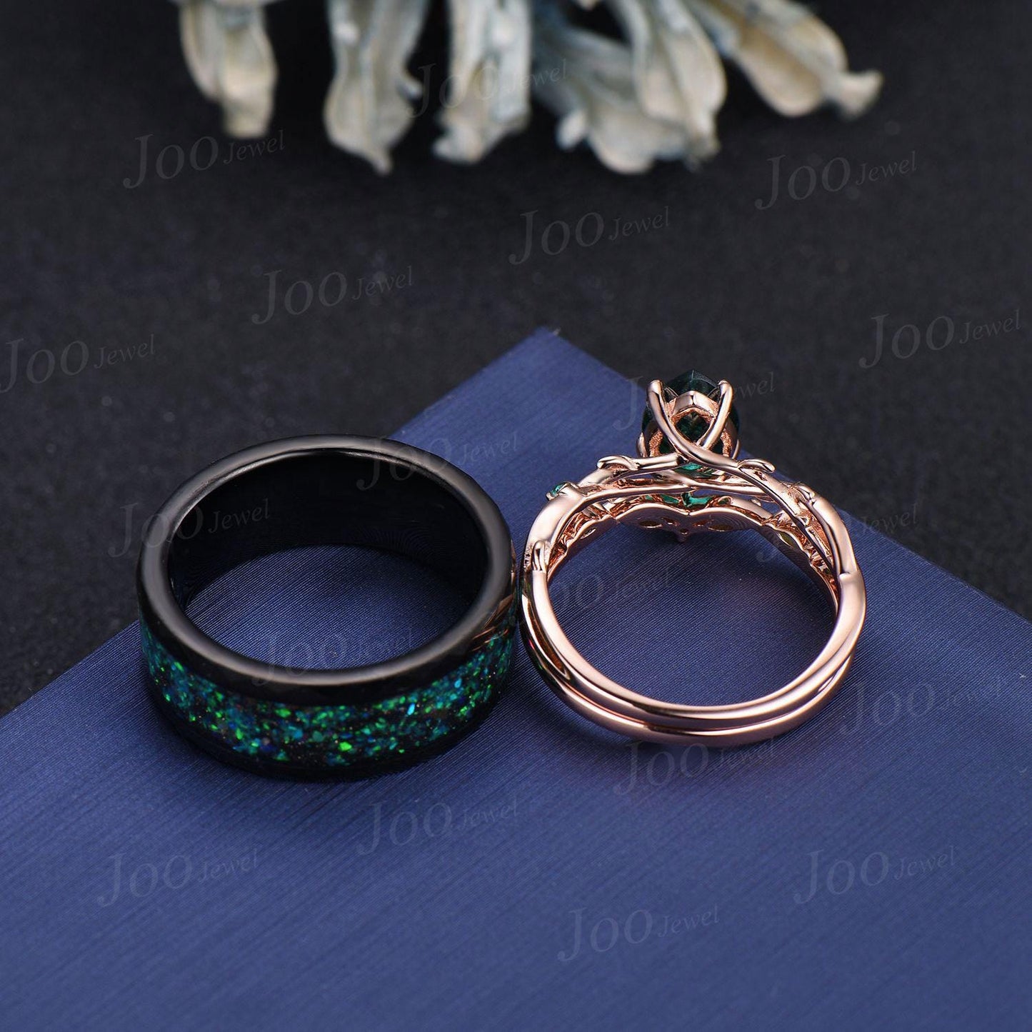 1.25ct Pear Cut Black Fire Opal Couple Promise Ring Set 925 Sterling Silver & Tungsten Matching Ring