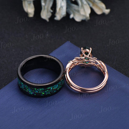 1.25ct Pear Cut Black Fire Opal Couple Promise Ring Set 925 Sterling Silver & Tungsten Matching Ring