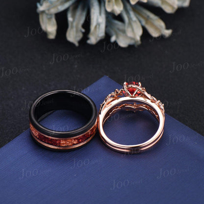 Black Tungsten & Sterling Silver| Round Natural Red Garnet Couple Ring Set| Nature-Inspired Design|His and Hers Wedding Ring|1CT Bridal Ring