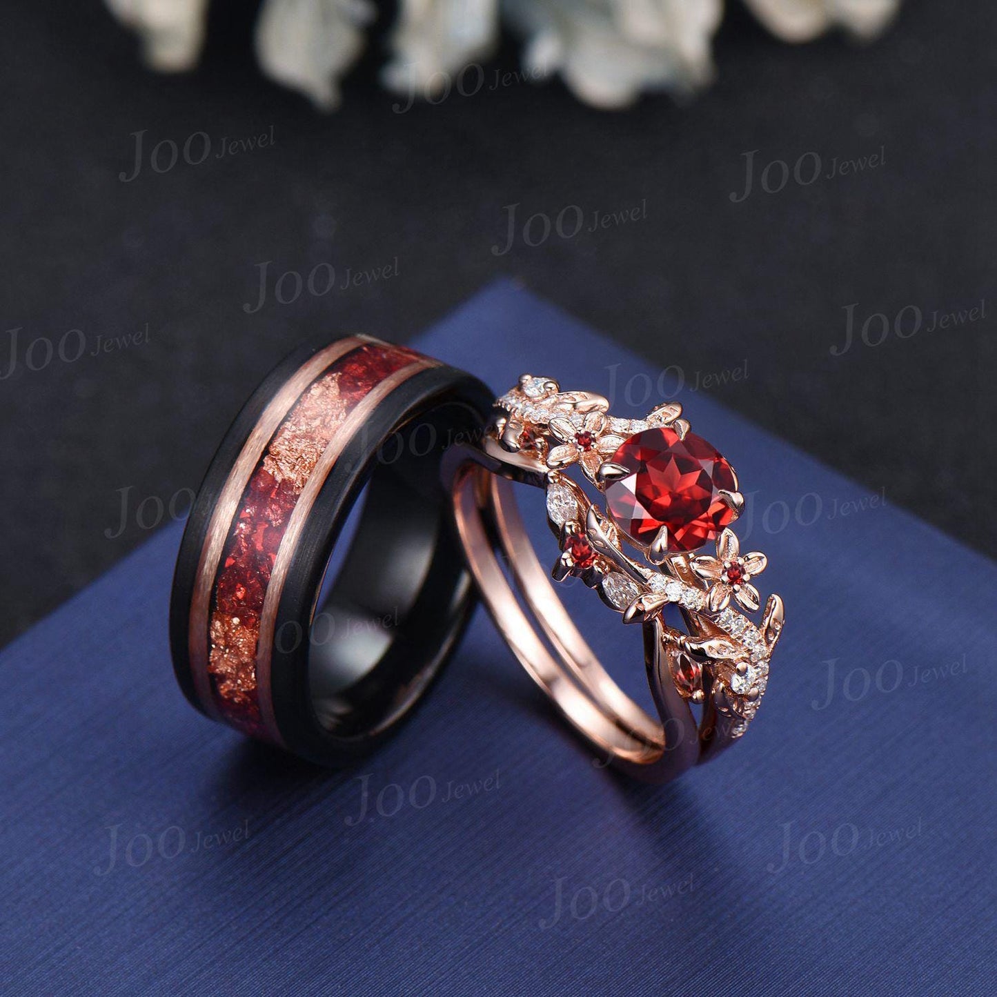 Black Tungsten & Sterling Silver| Round Natural Red Garnet Couple Ring Set| Nature-Inspired Design|His and Hers Wedding Ring|1CT Bridal Ring