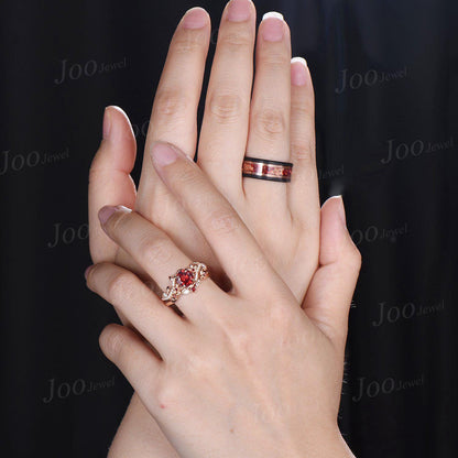 Black Tungsten & Sterling Silver| Round Natural Red Garnet Couple Ring Set| Nature-Inspired Design|His and Hers Wedding Ring|1CT Bridal Ring